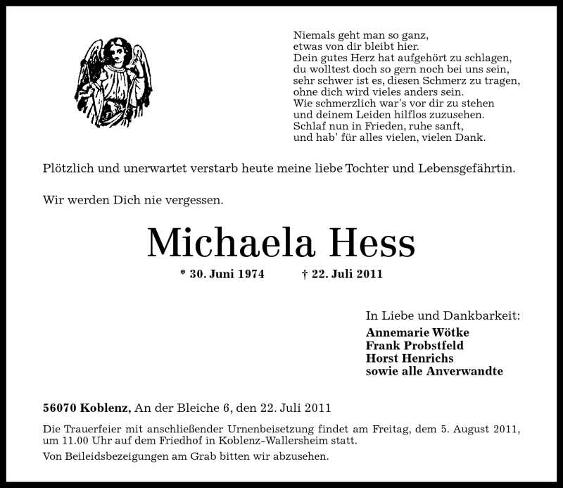  Traueranzeige für Michaela Hess vom 30.07.2011 aus Rhein-Zeitung