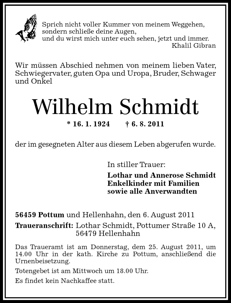  Traueranzeige für Wilhelm Schmidt vom 20.08.2011 aus Westerwälder Zeitung