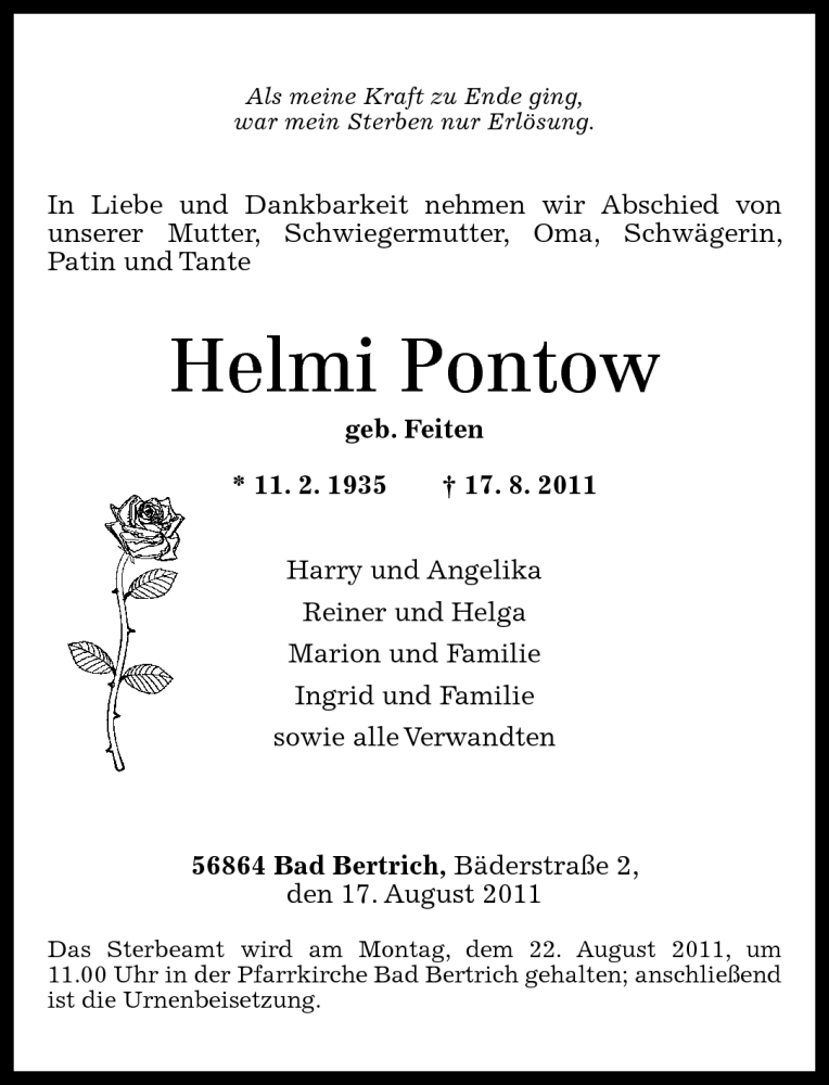  Traueranzeige für Helmi Pontow vom 18.08.2011 aus Rhein-Zeitung