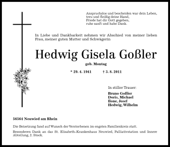 Traueranzeigen von Hedwig Gisela Goßler | rz-trauer.de