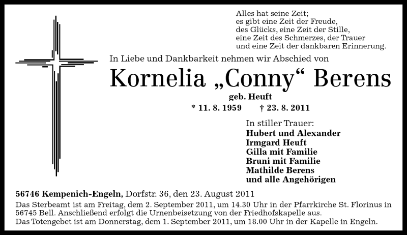  Traueranzeige für Kornelia „Conny“ Berens vom 30.08.2011 aus Rhein-Zeitung