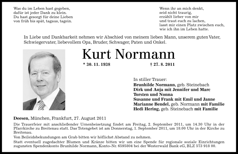  Traueranzeige für Kurt Normann vom 31.08.2011 aus Westerwälder Zeitung