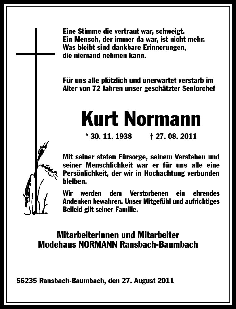  Traueranzeige für Kurt Normann vom 31.08.2011 aus Westerwälder Zeitung