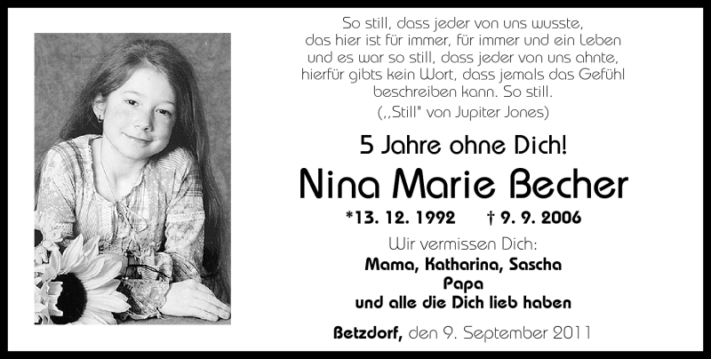 Traueranzeige für Nina Marie Becher vom 09.09.2011 aus Rhein-Zeitung