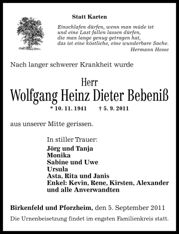 Traueranzeige von Wolfgang Heinz Dieter Bebeniß von Nahe-Zeitung