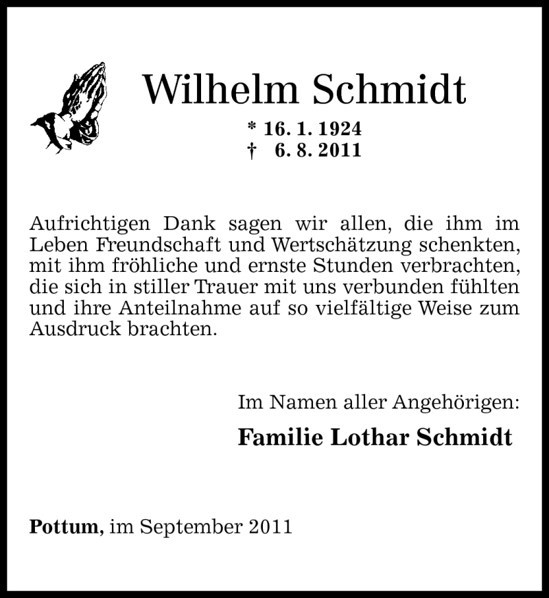  Traueranzeige für Wilhelm Schmidt vom 09.09.2011 aus Westerwälder Zeitung