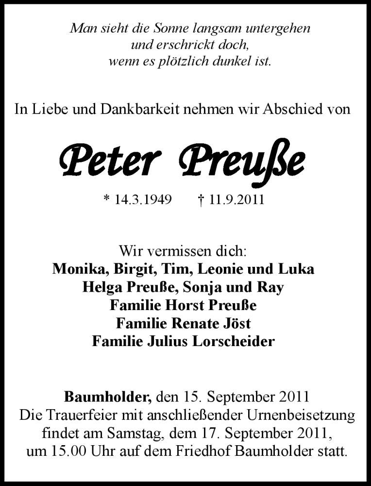  Traueranzeige für Peter Preuße vom 15.09.2011 aus Nahe-Zeitung