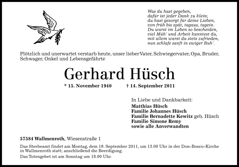  Traueranzeige für Gerhard Hüsch vom 17.09.2011 aus Rhein-Zeitung