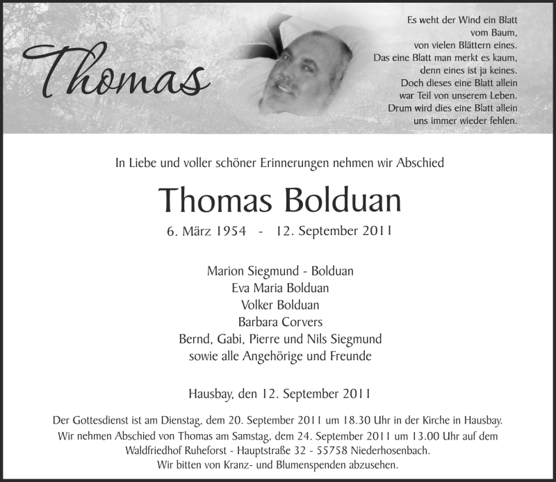  Traueranzeige für Thomas Bolduan vom 17.09.2011 aus Rhein-Hunsrück-Zeitung