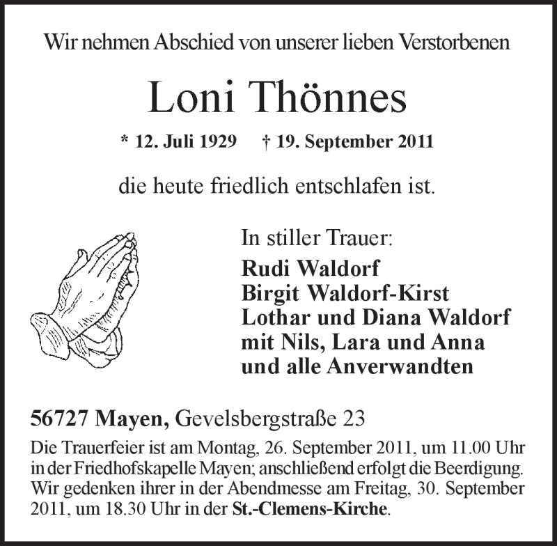 Traueranzeige für Loni Thönnes vom 24.09.2011 aus Rhein-Zeitung