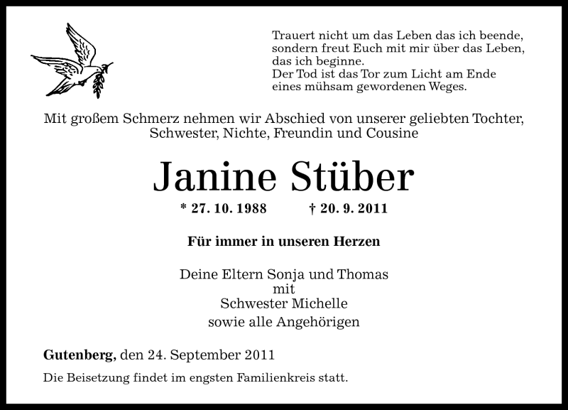  Traueranzeige für Janine Stüber vom 24.09.2011 aus Oeffentlicher Anzeiger