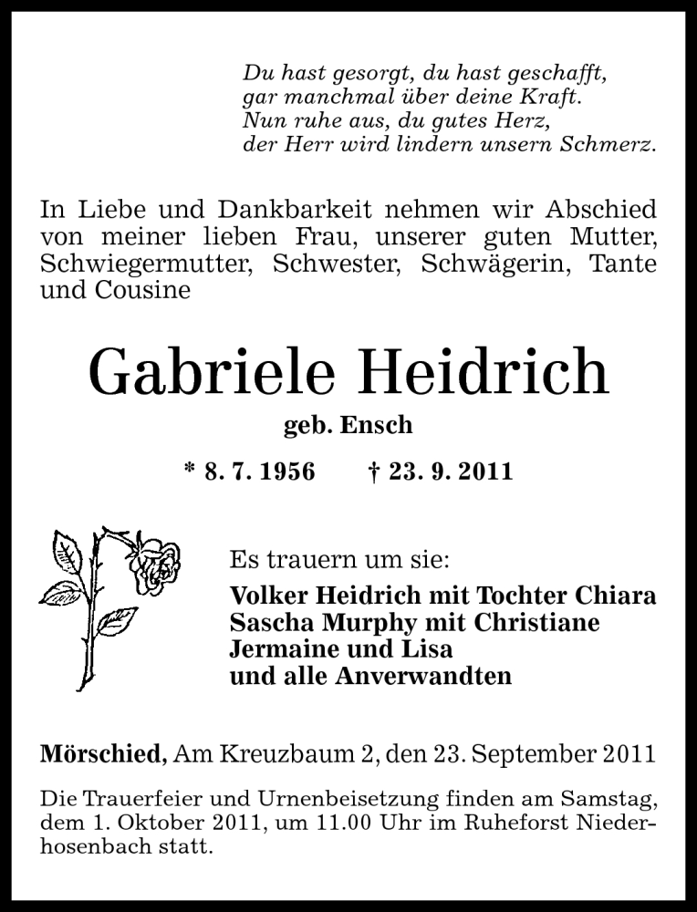  Traueranzeige für Gabriele Heidrich vom 27.09.2011 aus Nahe-Zeitung