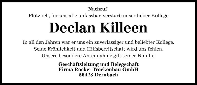  Traueranzeige für Declan Killeen vom 07.01.2012 aus Westerwälder Zeitung