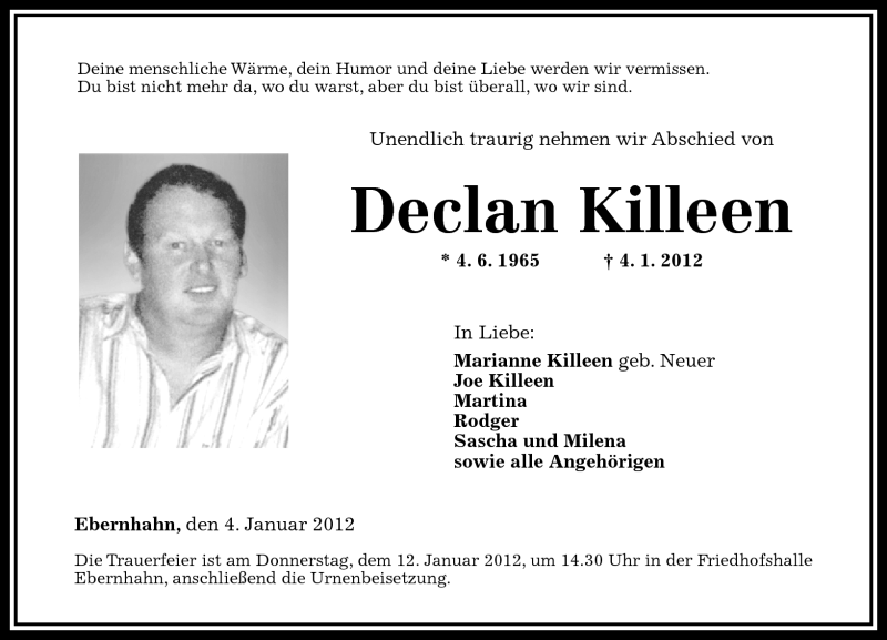  Traueranzeige für Declan Killeen vom 07.01.2012 aus Westerwälder Zeitung