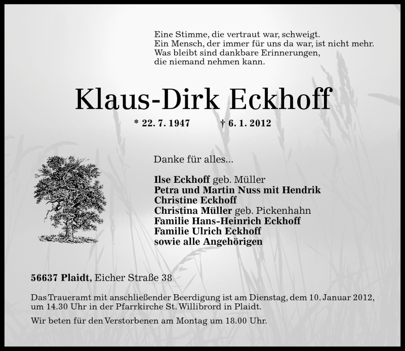  Traueranzeige für Klaus-Dirk Eckhoff vom 07.01.2012 aus Rhein-Zeitung