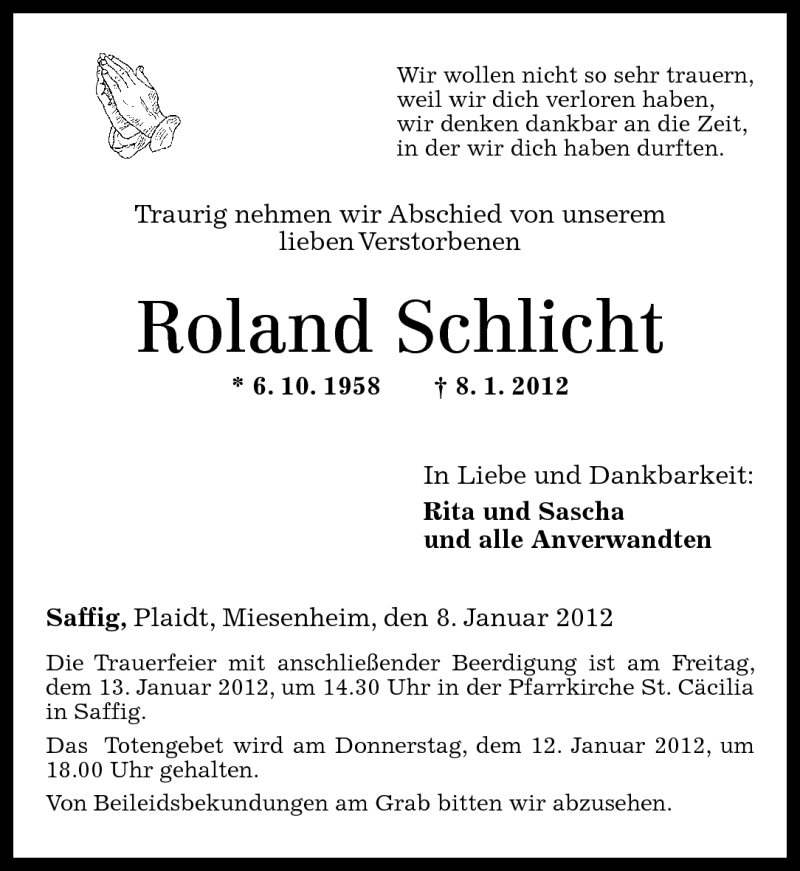  Traueranzeige für Roland Schlicht vom 10.01.2012 aus Rhein-Zeitung
