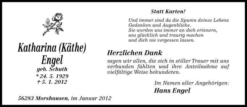  Traueranzeige für Katharina Engel vom 21.01.2012 aus Rhein-Zeitung
