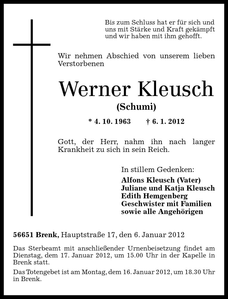  Traueranzeige für Werner Kleusch vom 12.01.2012 aus Rhein-Zeitung