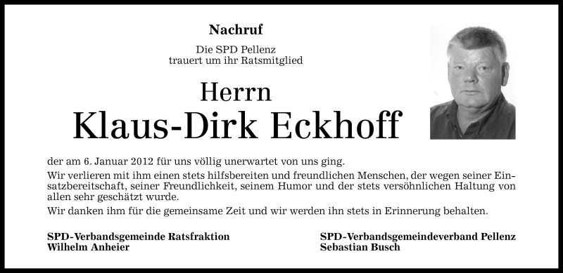  Traueranzeige für Klaus-Dirk Eckhoff vom 12.01.2012 aus Rhein-Zeitung