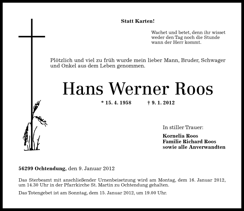  Traueranzeige für Hans Werner Roos vom 14.01.2012 aus Rhein-Zeitung