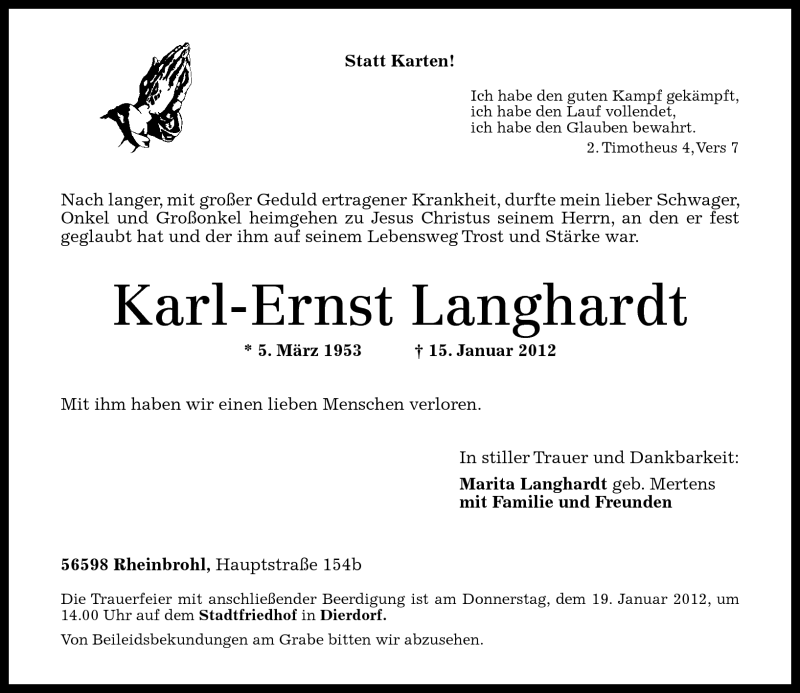  Traueranzeige für Karl-Ernst Langhardt vom 18.01.2012 aus Rhein-Zeitung