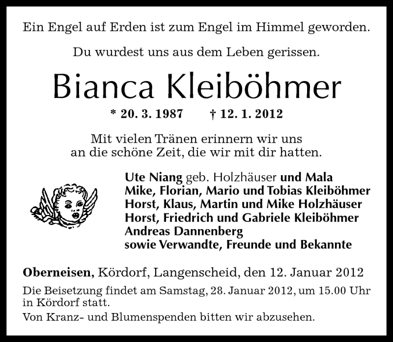  Traueranzeige für Bianca Kleiböhmer vom 23.01.2012 aus Rhein-Lahn-Zeitung