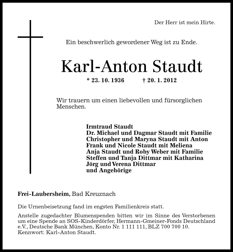  Traueranzeige für Karl-Anton Staudt vom 31.01.2012 aus Oeffentlicher Anzeiger