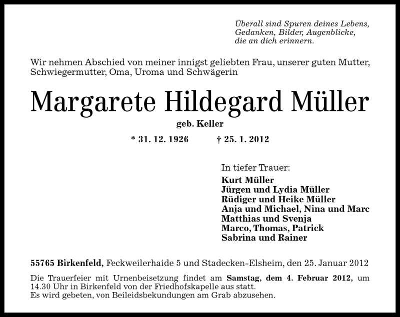  Traueranzeige für Margarete Hildegard Müller vom 28.01.2012 aus Nahe-Zeitung