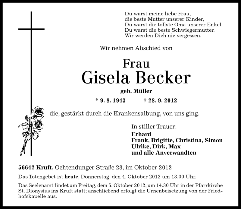  Traueranzeige für Gisela Becker vom 04.10.2012 aus Rhein-Zeitung