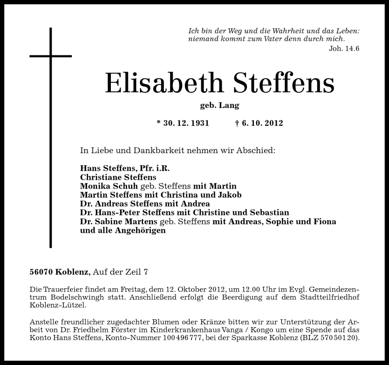 Traueranzeigen von Elisabeth Steffens | rz-trauer.de