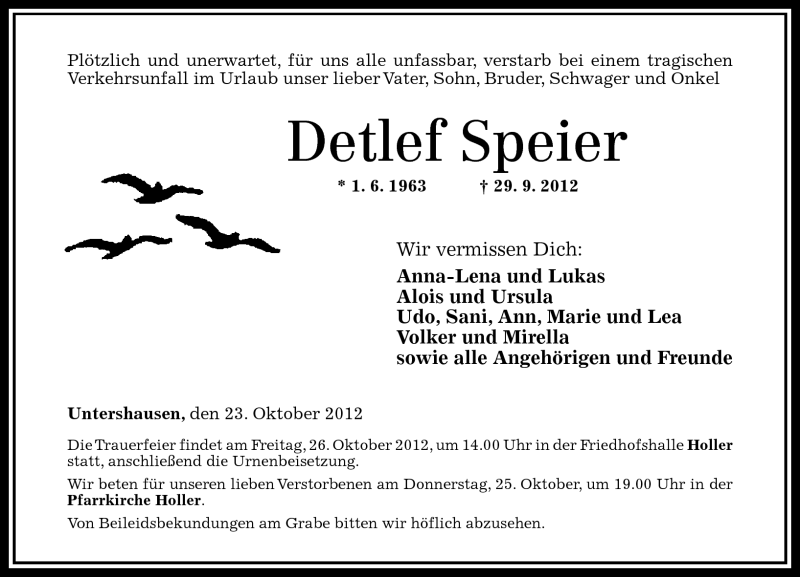  Traueranzeige für Detlef Speier vom 23.10.2012 aus Westerwälder Zeitung