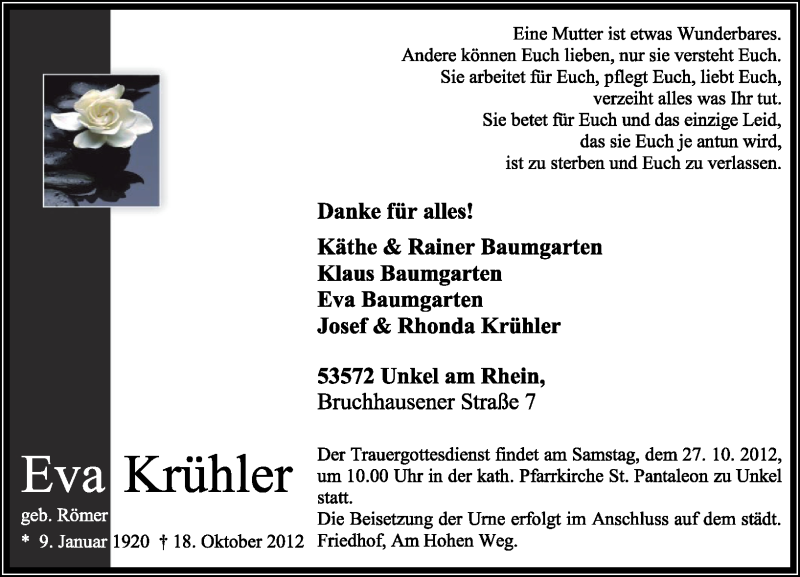 Traueranzeigen von Eva Krühler rztrauer.de