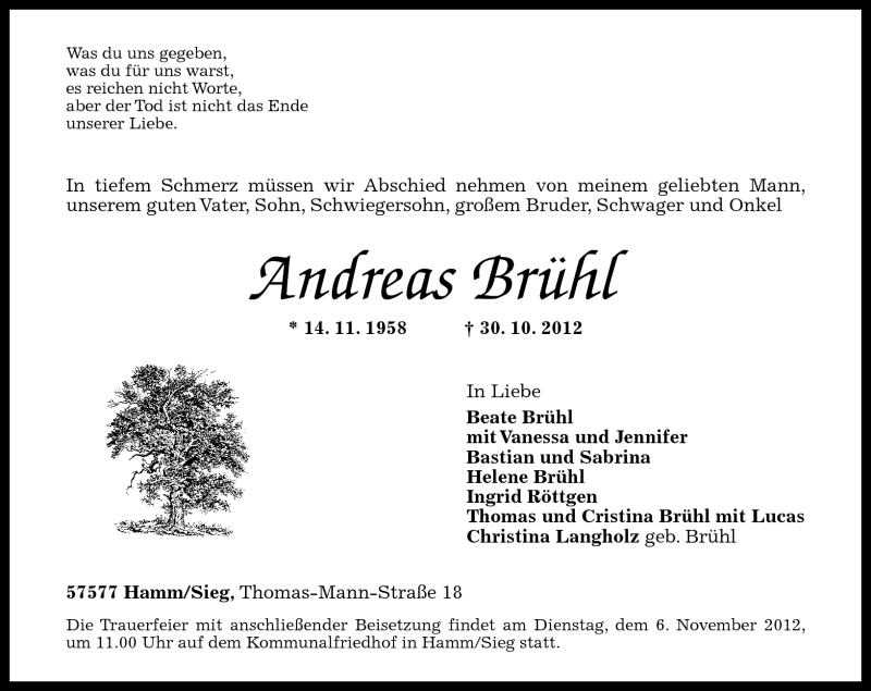  Traueranzeige für Andreas Brühl vom 02.11.2012 aus Rhein-Zeitung