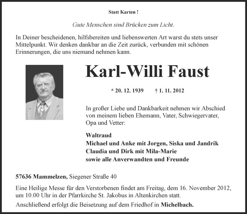  Traueranzeige für Karl Wilhelm Faust vom 13.11.2012 aus Rhein-Zeitung