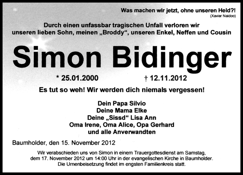  Traueranzeige für Simon Bidinger vom 15.11.2012 aus Nahe-Zeitung