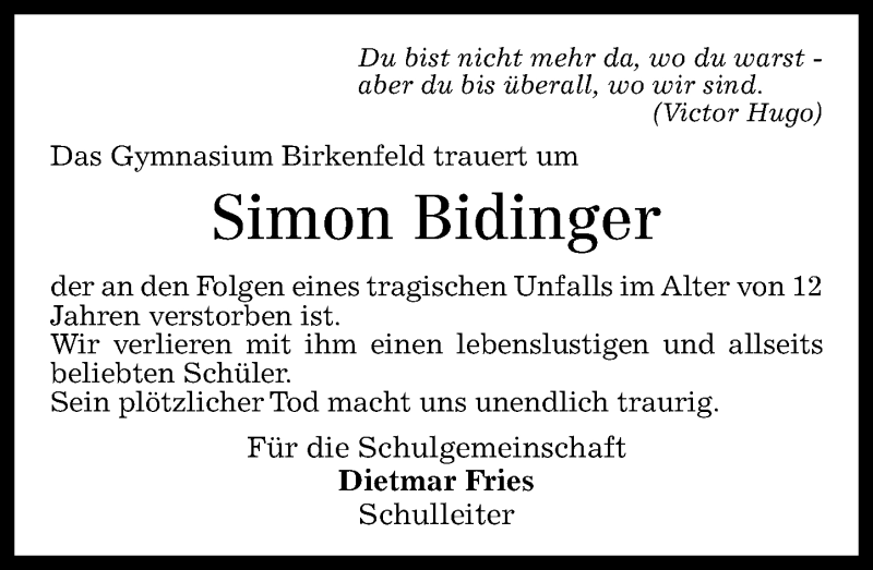  Traueranzeige für Simon Bidinger vom 16.11.2012 aus Nahe-Zeitung