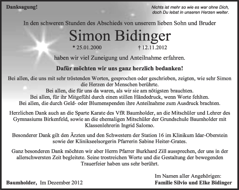 Traueranzeige für Simon Bidinger vom 08.12.2012 aus Nahe-Zeitung