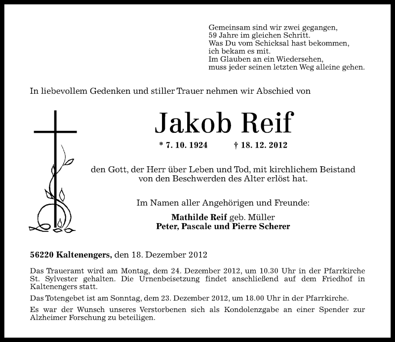 Traueranzeige für Jakob Reif vom 21.12.2012 aus Rhein-Zeitung