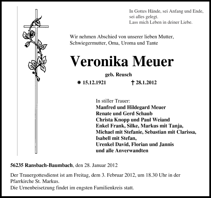  Traueranzeige für Veronika Meuer vom 01.02.2012 aus Westerwälder Zeitung