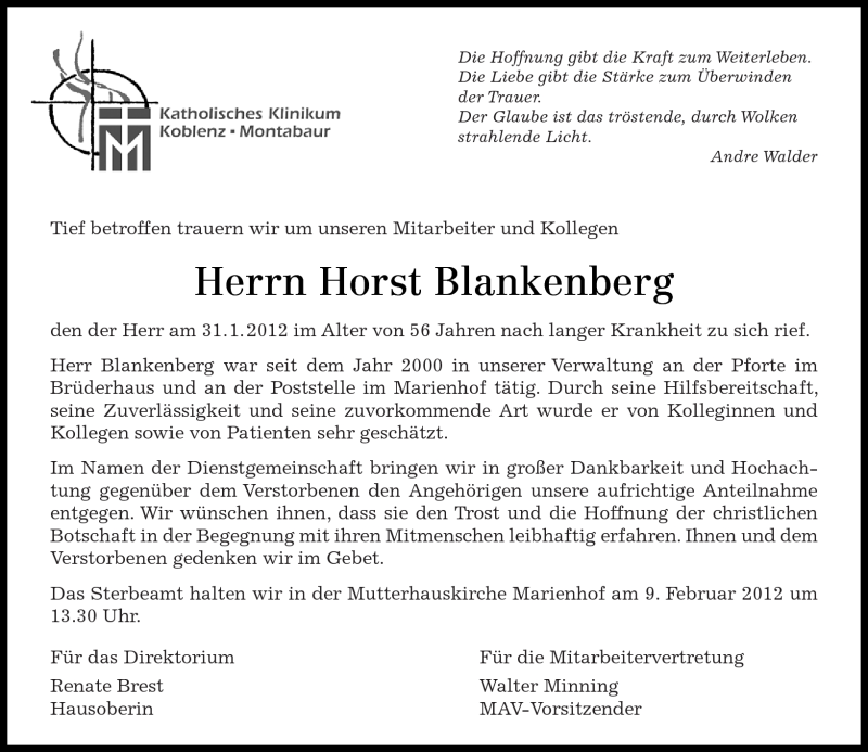  Traueranzeige für Horst Blankenberg vom 04.02.2012 aus Rhein-Zeitung