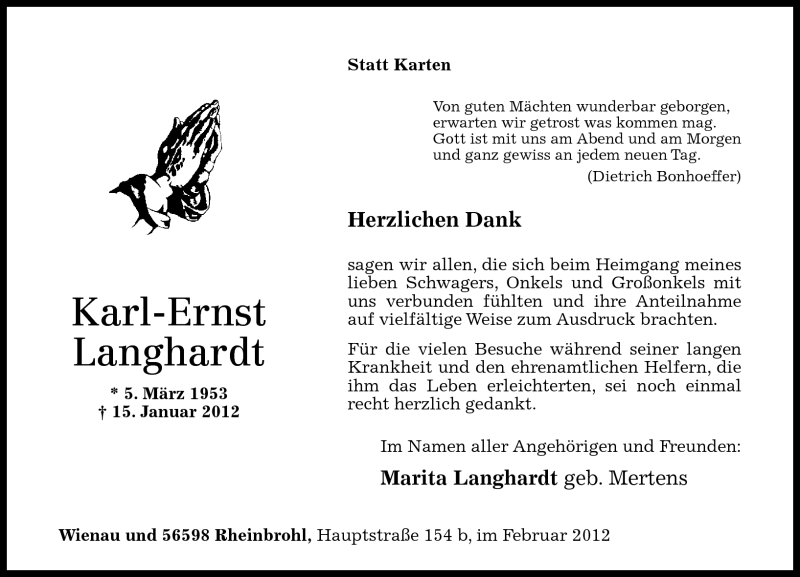  Traueranzeige für Karl-Ernst Langhardt vom 04.02.2012 aus Rhein-Zeitung