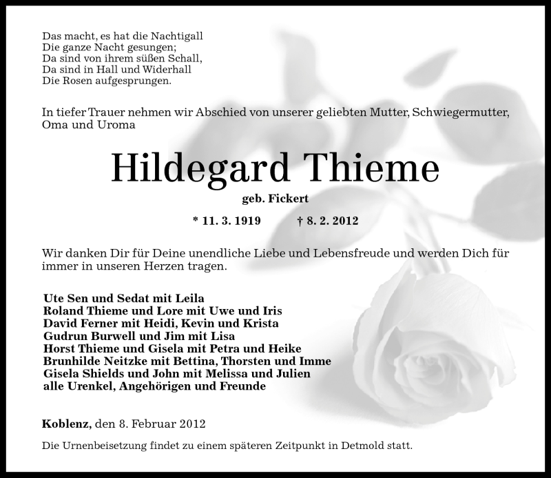  Traueranzeige für Hildegard Thieme vom 11.02.2012 aus Rhein-Zeitung