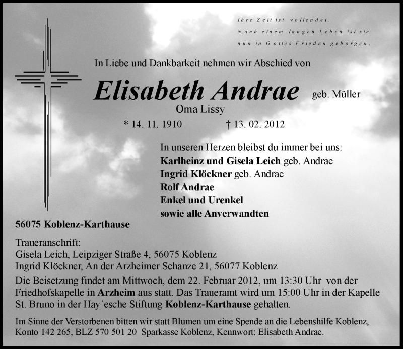  Traueranzeige für Elisabeth Andrae vom 18.02.2012 aus Rhein-Zeitung