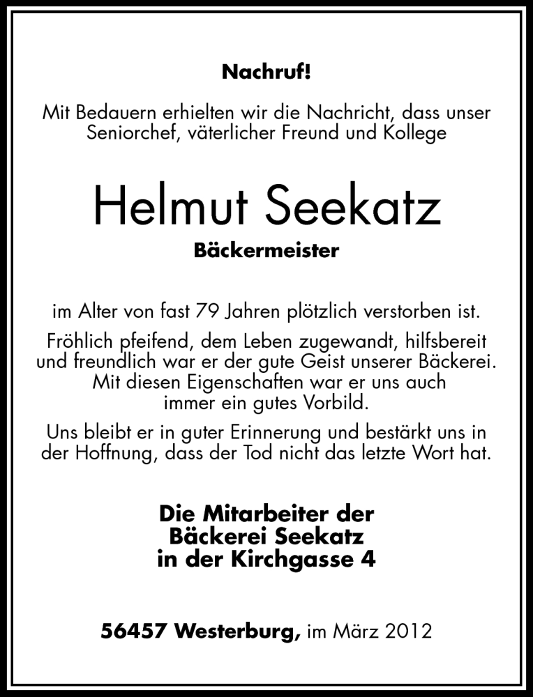  Traueranzeige für Helmut Seekatz vom 02.03.2012 aus Westerwälder Zeitung