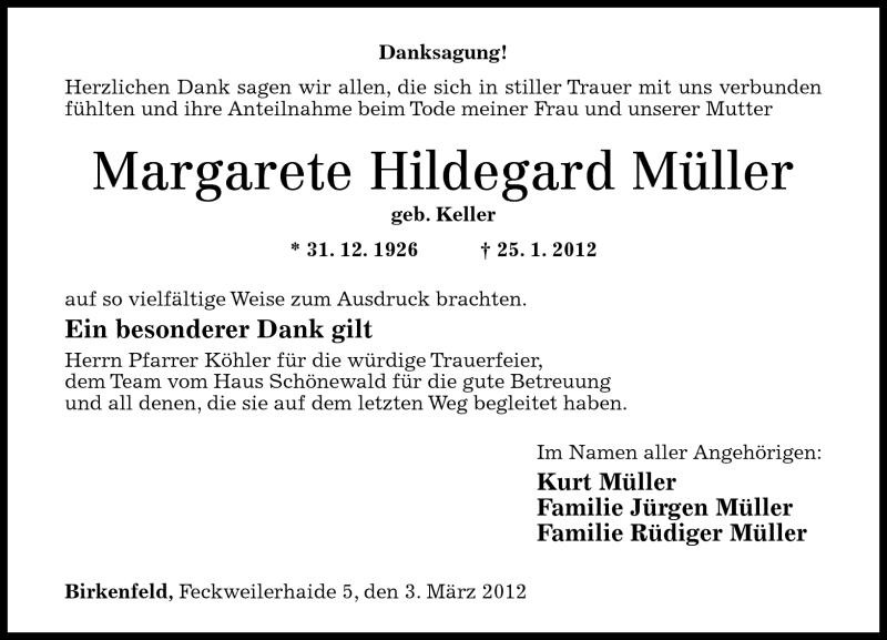  Traueranzeige für Margarete Hildegard Müller vom 03.03.2012 aus Nahe-Zeitung