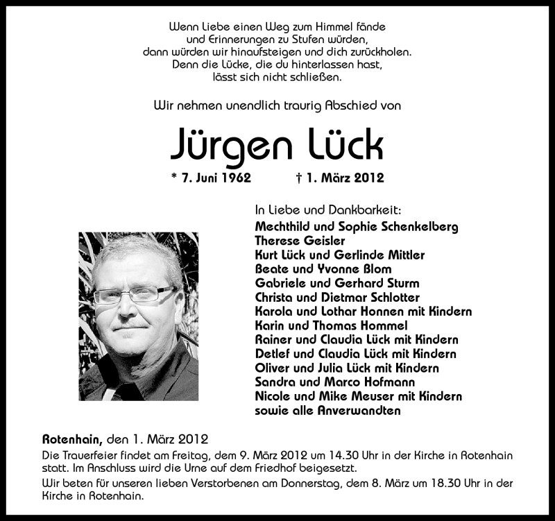  Traueranzeige für Jürgen Lück vom 06.03.2012 aus Westerwälder Zeitung