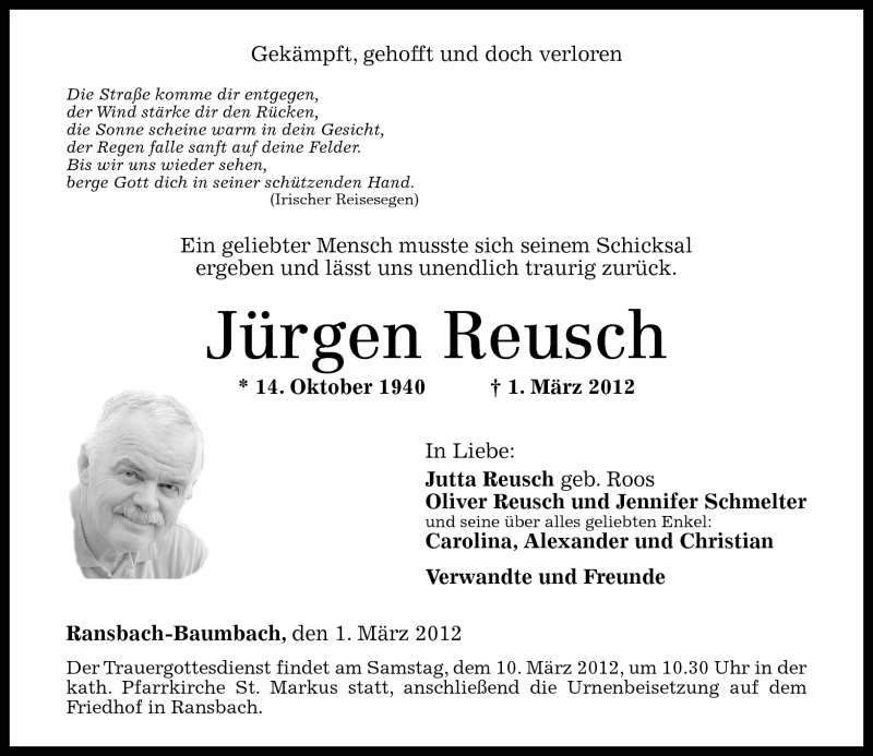  Traueranzeige für Jürgen Reusch vom 07.03.2012 aus Westerwälder Zeitung