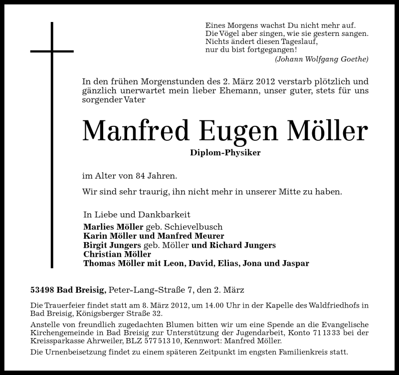 Traueranzeigen Von Manfred Eugen Moller Rz Trauer De