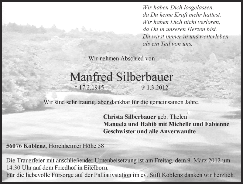 Traueranzeige für Manfred Silberbauer vom 07.03.2012 aus Rhein-Zeitung
