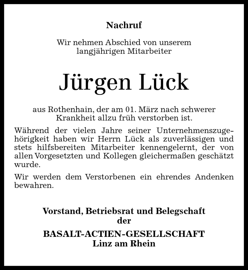  Traueranzeige für Jürgen Lück vom 07.03.2012 aus Westerwälder Zeitung